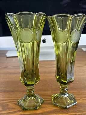 2 Vintage 1970's FOSTORIA Avocado Olive Green COIN GLASS BUD VASE ~ 8" Heavy